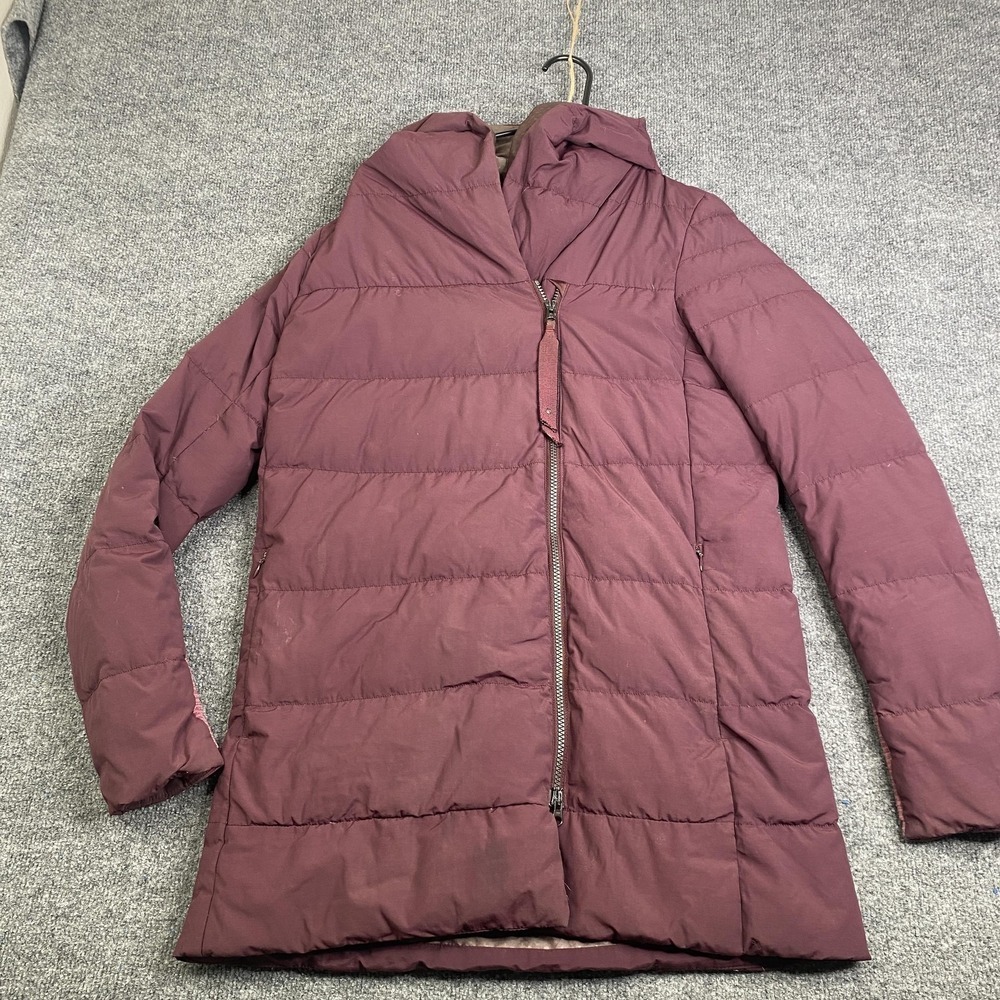 Lululemon Jacket Womens 6 Maroon Down Puffer Hooded Asymmetrical Zip Long Coat